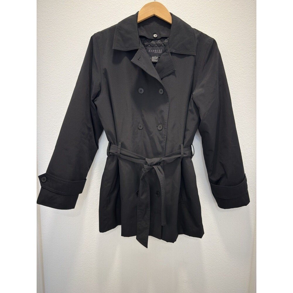 VTG 90s Express Short Trench Coat Removable Liner Black Peacoat Jacket M Preppy